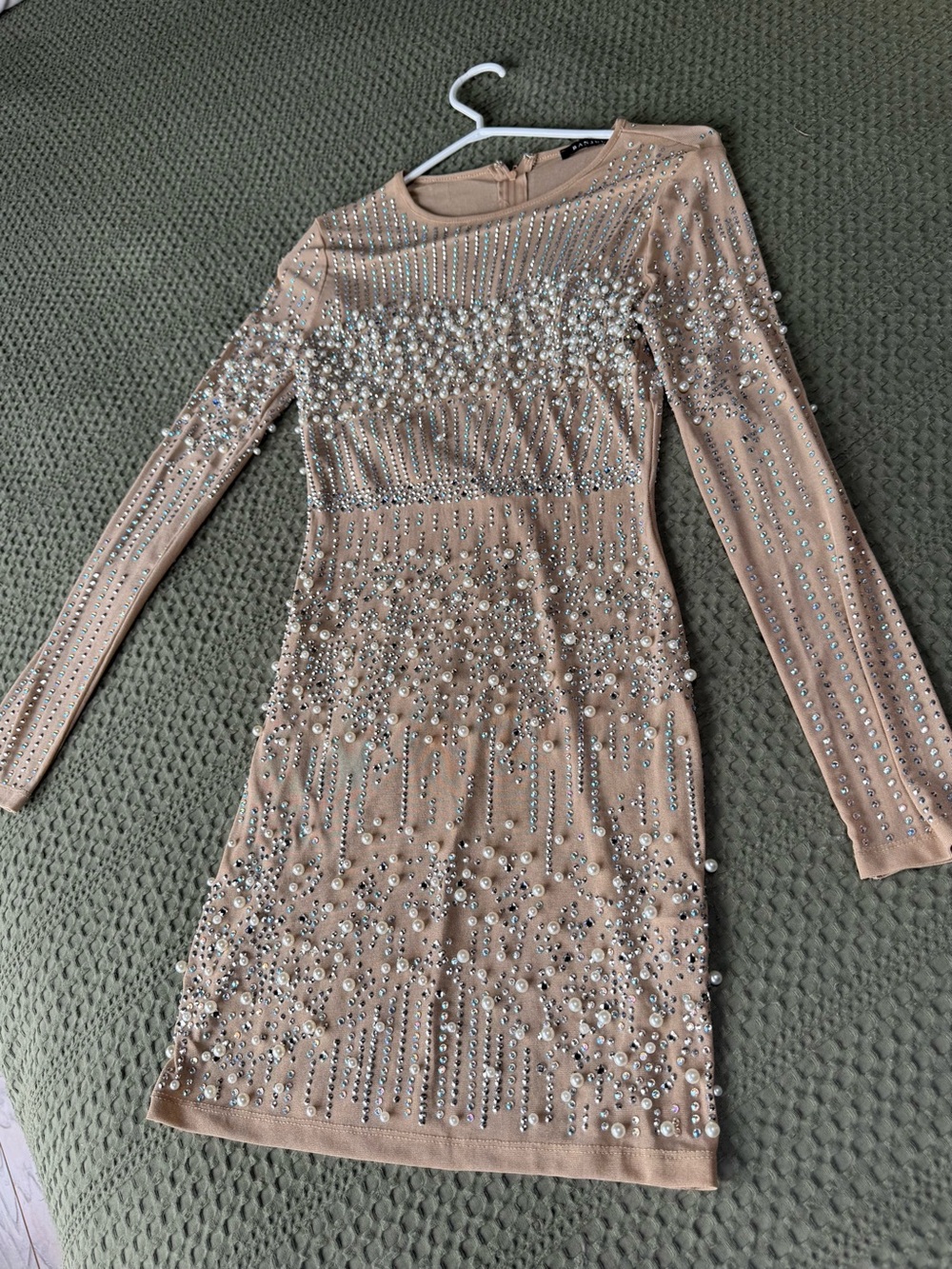 Embellished Nude Long-Sleeve Bodycon Dress